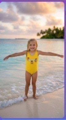The Nile Luxuries yellow graphic one-piece swimsuit on a young girl at the beach.
